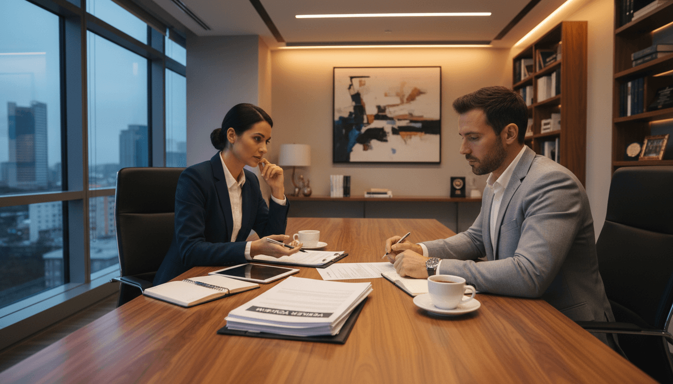 Insurance professional discussing coverage options with client in modern office setting